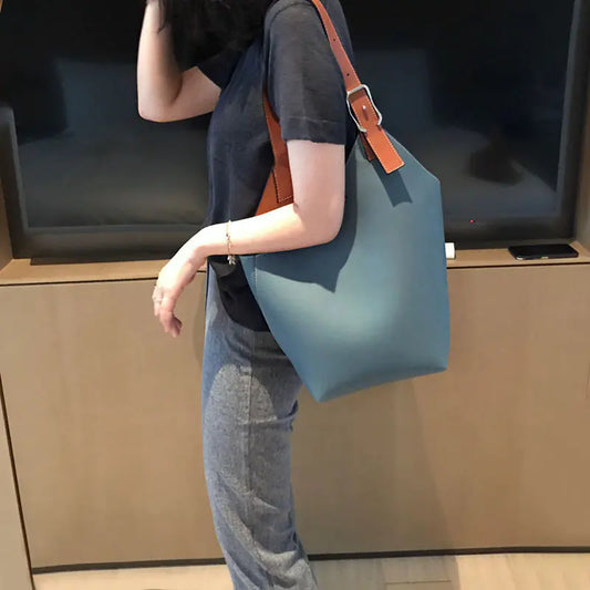 Premium Soft Leather Bucket Bag - Women's Large Shoulder Handbag