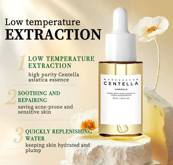 Madagascan Centella Ampoule bottle with dropper on a light background