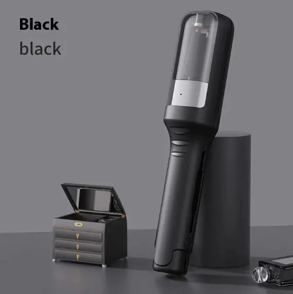 Black handheld device with a cylindrical container on a gray background