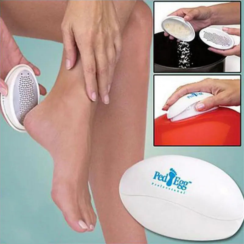 Person using a Ped Egg product on their leg with close-up insets showing its use.