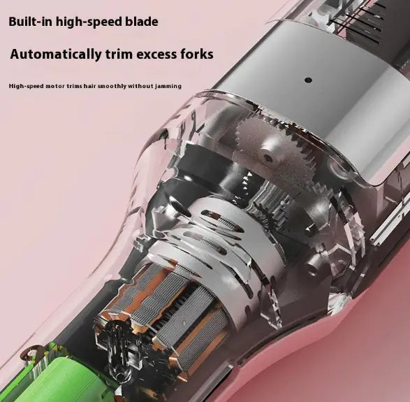 Close-up of a hair trimmer with text highlighting features on a pink background