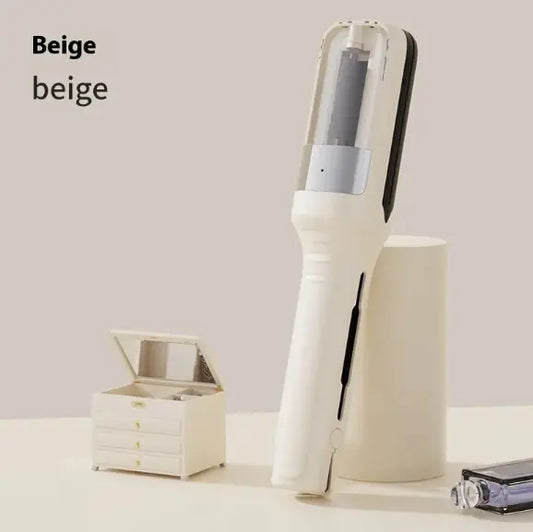 Beige handheld device on a light surface with a neutral background