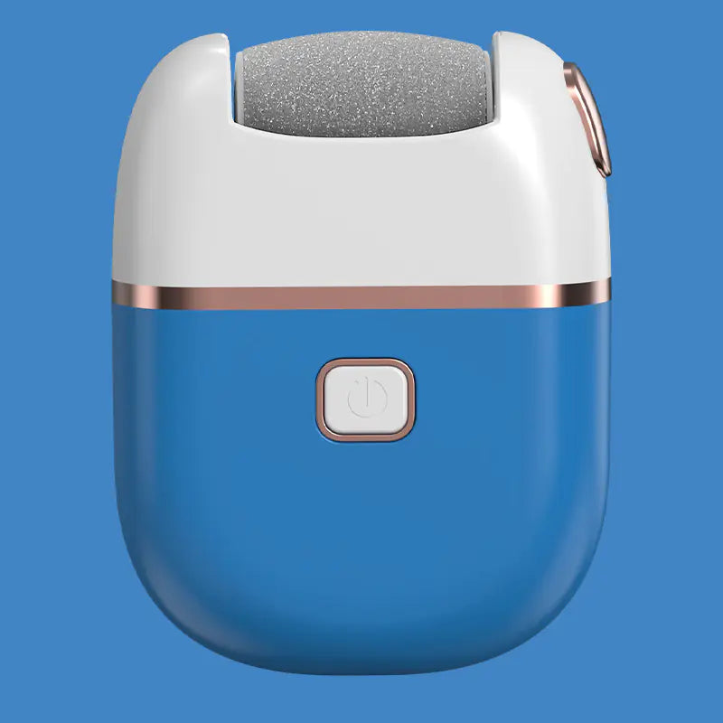 Blue and white electronic device with a gray roller on a blue background