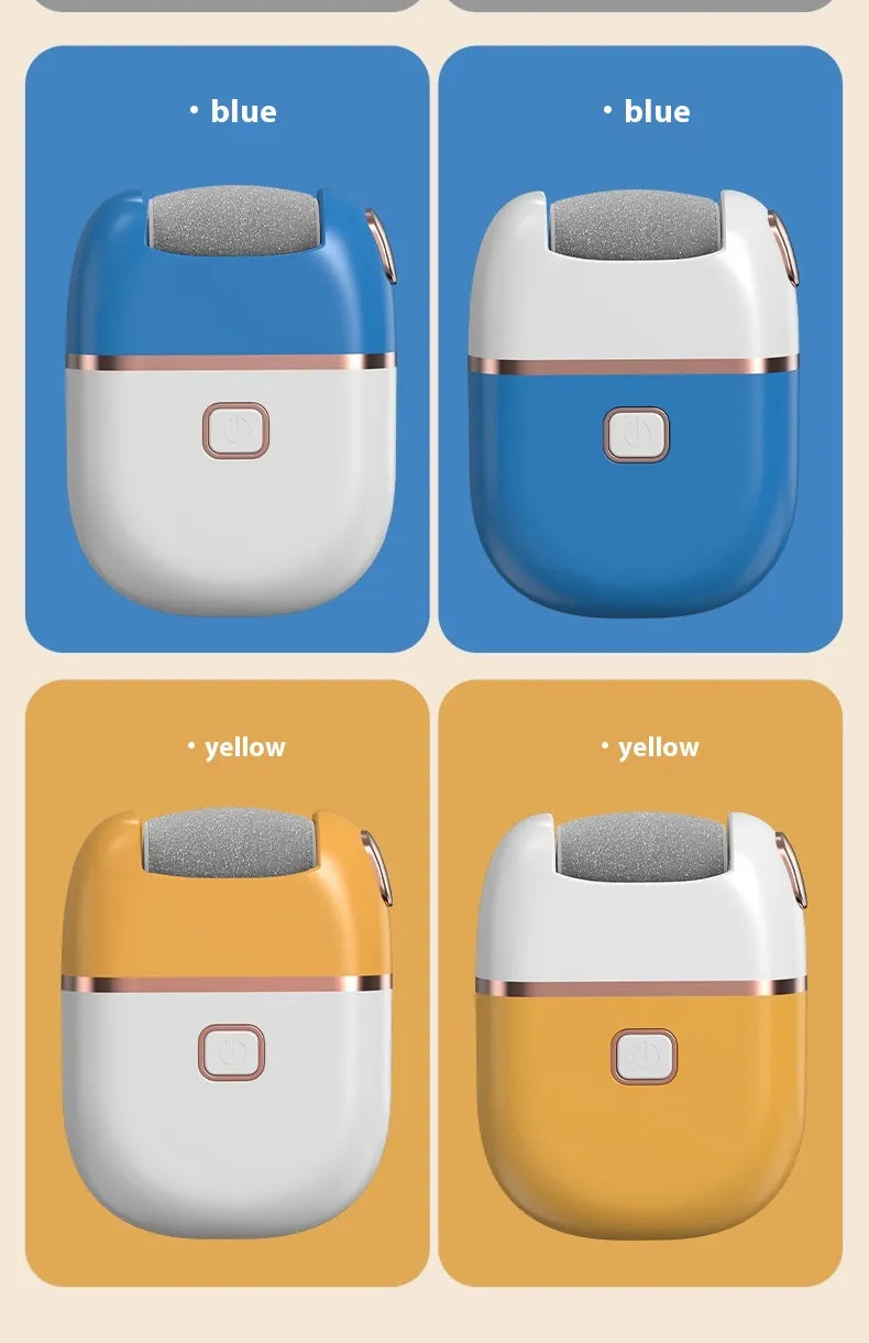 Four color variations of a small electronic device on colored backgrounds.