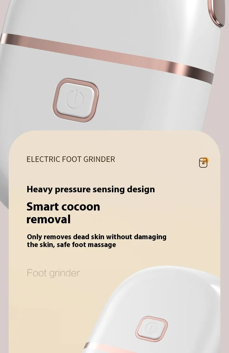 Electric foot grinder with text highlighting features on a beige background