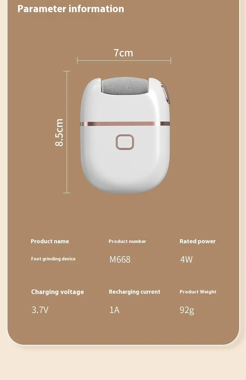 Foot grinding device with dimensions and specifications on a brown background