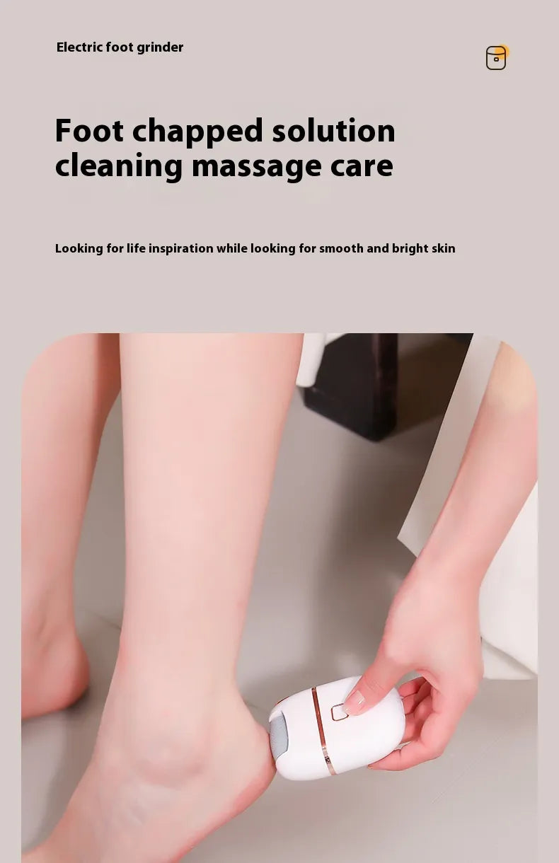 Person using an electric foot grinder on their foot with text about foot care solutions.