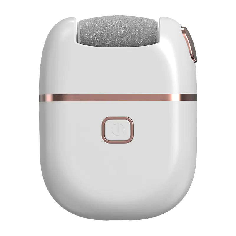 White and rose gold skin care device with gray roller on a white background