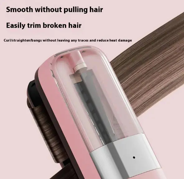 Hair straightening tool with text on a pink background