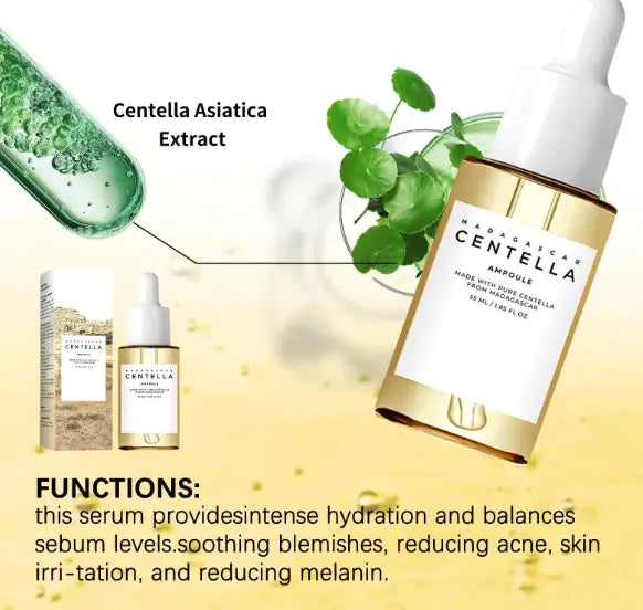 Centella Asiatica extract serum with green leaves and text on a yellow background
