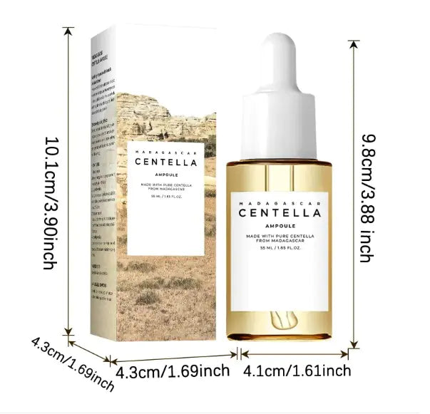Madagascar Centella Ampoule bottle and packaging with dimensions on a white background