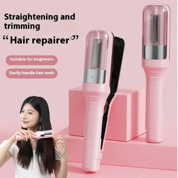 Pink hair straightening and trimming tool with a woman using it on a pink background