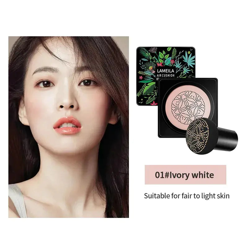 Woman with makeup and Lameila Arcosmetics product on a white background