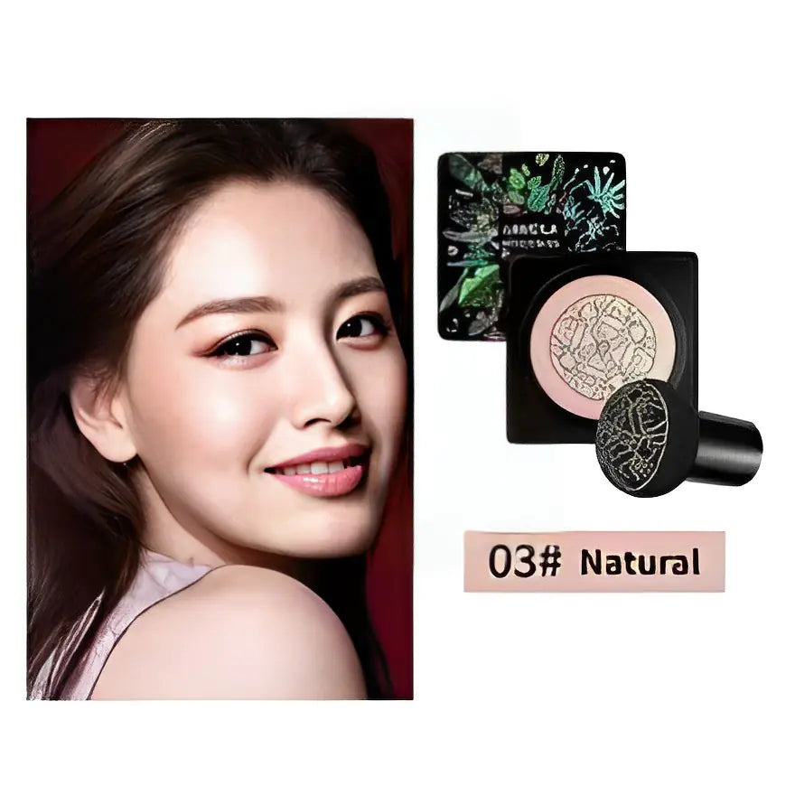 Makeup product with packaging and a model wearing makeup.