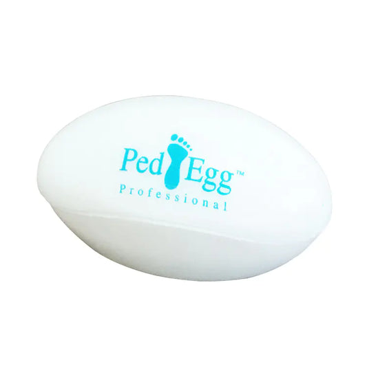 White Ped Egg with blue text on a white background