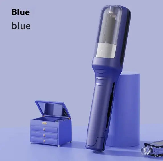 Blue handheld device with a matching box on a light blue background