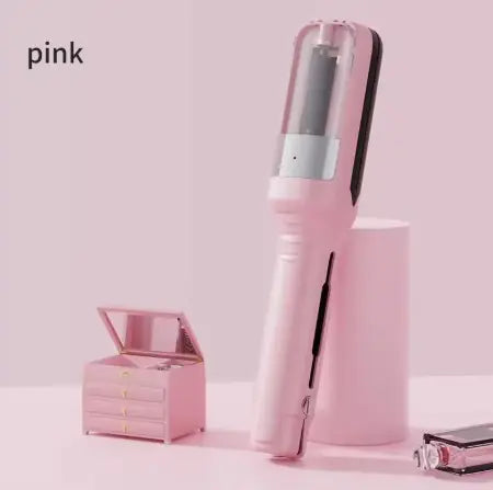 Pink hair straightener and small pink box on a light pink background