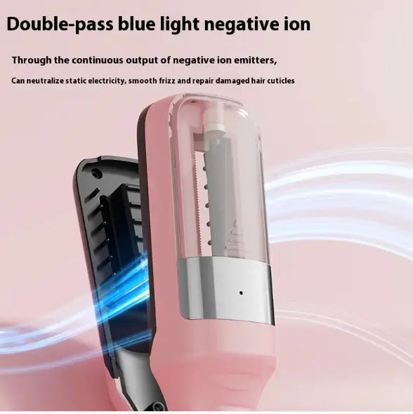 Hair straightener with blue light on a pink background